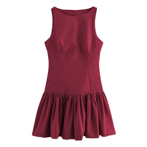 Damen ärmelloses Mini-Kleid – Rundhals, A-Linie mit Falten, Schleifenverzierung, Zipper-Rückseite, Sommerkleid 2024 von Hiborth