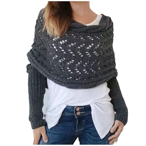 Hiborth Multifunktionsschal mit Ärmeln für Damen, gestrickter Zopfmuster-Wickelschal, Boleros für Damen, Boho Pashmina Schal Umhang Dunkelgrau von Hiborth