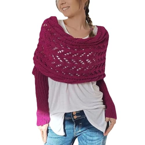 Hiborth Multifunktionsschal mit Ärmeln für Damen, gestrickter Zopfmuster-Wickelschal, Boleros für Damen, Boho Pashmina Schal Umhang Rosenrot von Hiborth