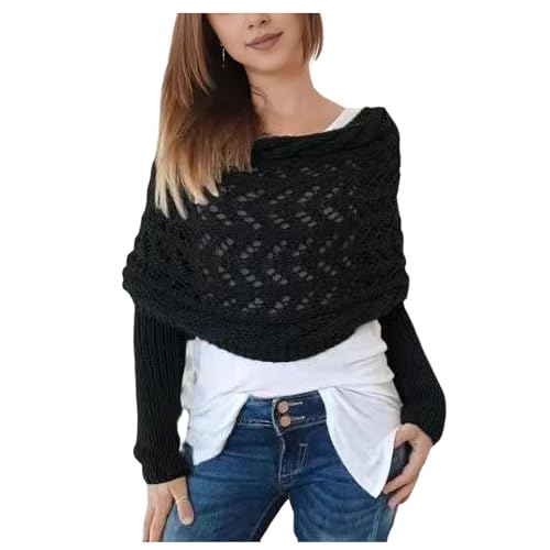 Hiborth Multifunktionsschal mit Ärmeln für Damen, gestrickter Zopfmuster-Wickelschal, Boleros für Damen, Boho Pashmina Schal Umhang Schwarz von Hiborth