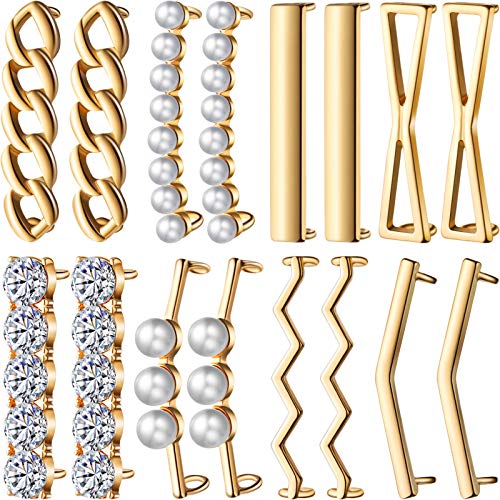 HICARER 16 Stück/ 8 Paar Schnürsenkel Charms Clips Turnschuhe Schnürsenkel Dekorationen DIY Dekorative Schuhe Clips Kunstperle Strass Schuhe Zubehör für Mädchen Damen Freizeitschuhe (Gold) von HICARER