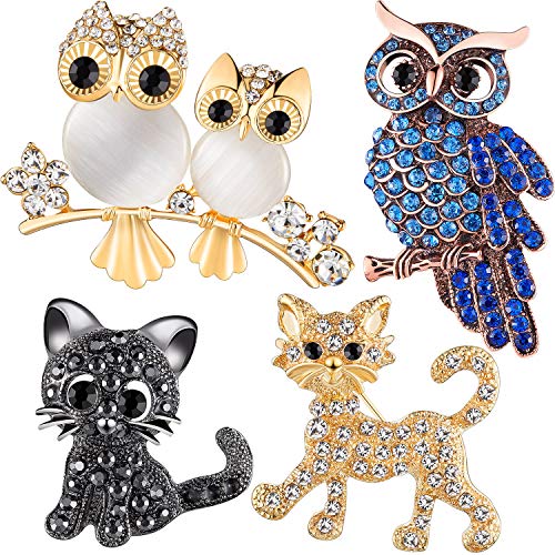 4 Stücke Tier Strass Brosche Pin Set Strass Eule Design Brosche Kristall Katze Broschen Pins für Frauen Mädchen Geburtstagsgeschenk Hochzeit Weihnachten Party Liefern von HICARER