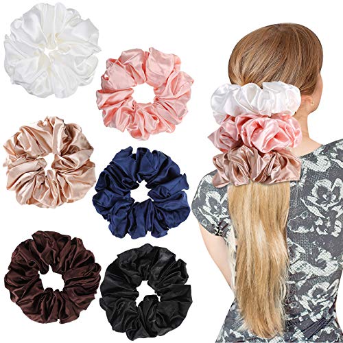 6 Stücke Übergroße Satin Haargummis, Weiche Seide Elastische Haarband Set Haargummi Pferdeschwanz Halter für Frauen und Mädchen, Rosa, Champagner, Kaffee, Weiß, Schwarz und Marineblau von HICARER