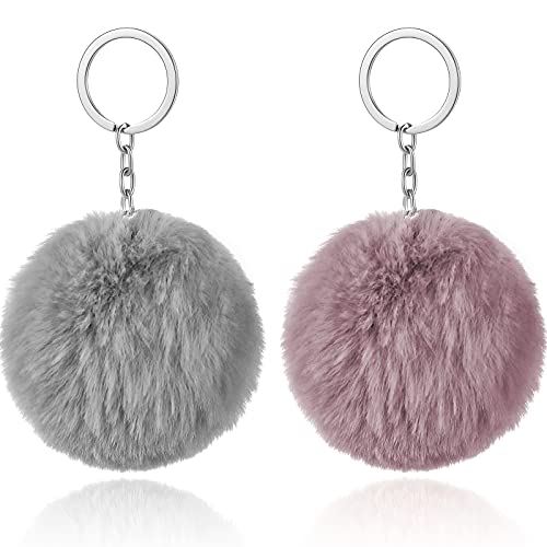 HICARER 2 Stücke Pom Poms Schlüsselanhänger Flaumig Faux Pompoms Schlüsselring Weiche Plüsch Schlüsselring Ornament Anhänger Zubehör für Damen Mädchen Frauen (Grau, Miniatur Braun) von HICARER