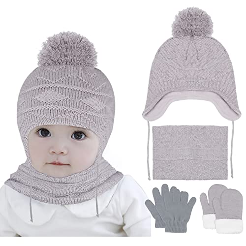 Hiddaw 6 STÜCKE Mützen und Handschuhe für Kleinkinder Mütze Handschuhe Set Baby Wintermütze Schal Handschuhe Set Geschenk für Kinder (Grey 01) von Hicdaw