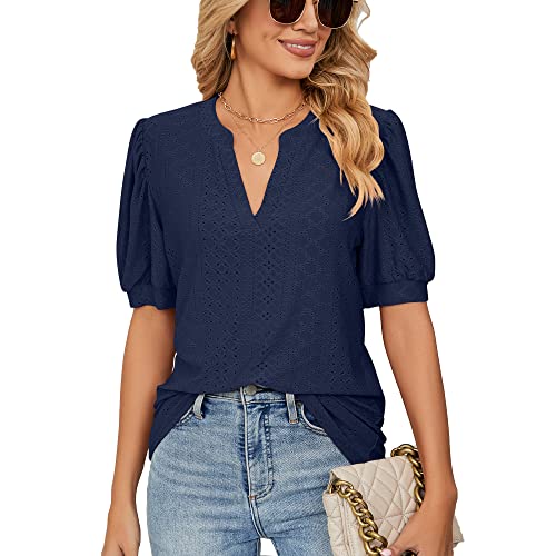 2024 Oberteile Damen Elegant Sommer Kurzarm Bluse Leicht Lose Blusentop Casual T-Shirt Tops Blusen Tuniken für Frauen (Marineblau,XXL) von Hicodbek
