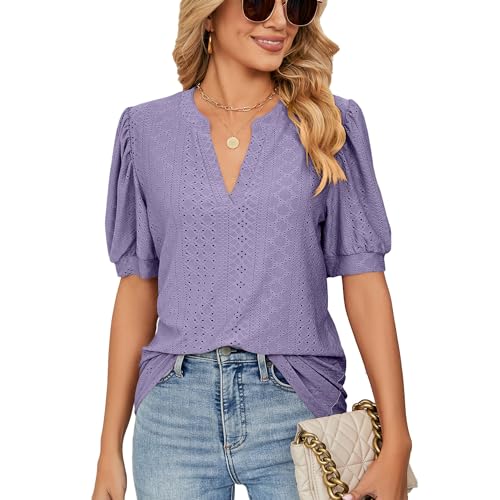 2024 Oberteile Damen Elegant Sommer Kurzarm Bluse Leicht Lose Blusentop Casual T-Shirt Tops Blusen Tuniken für Frauen (Lila,XXL) von Hicodbek