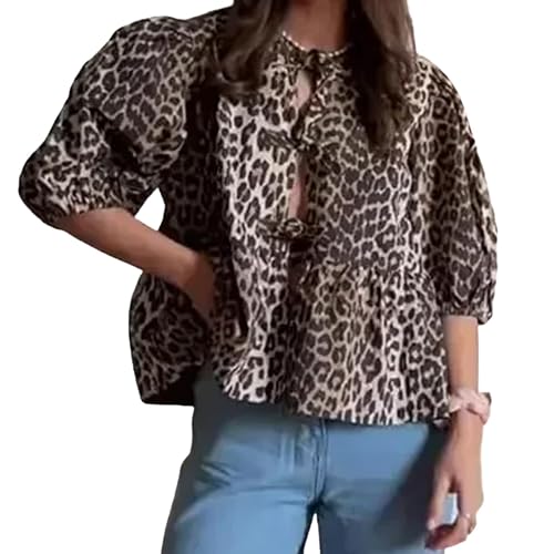 Y2K Shirt Bluse Sommer Damen Tie Front Tops Oberteile für Frauen Peplum Schößchen Babydoll Top Kurzarm Puffärmel Niedliches Going Out Tops(Leopard,M) von Hicodbek