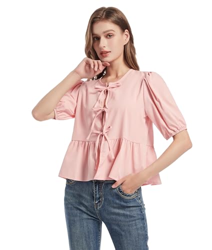 Y2K Shirt Bluse Sommer Damen Tie Front Tops Oberteile für Frauen Peplum Schößchen Babydoll Top Kurzarm Puffärmel Niedliches Going Out Tops(Rosa,S) von Hicodbek