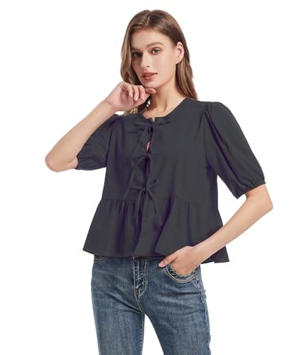 Y2K Shirt Bluse Sommer Damen Tie Front Tops Oberteile für Frauen Peplum Schößchen Babydoll Top Kurzarm Puffärmel Niedliches Going Out Tops(Schwarz,M) von Hicodbek