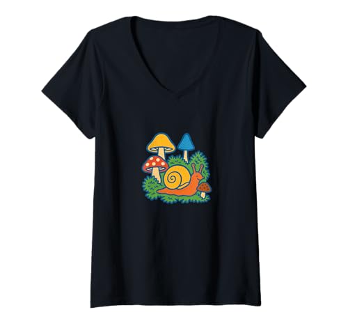 Damen Pilze und Schnecke skurrile Waldszene T-Shirt mit V-Ausschnitt Damen Pilze und Schnecke skurrile Waldszene T-Shirt mit V-Ausschnitt von Hidden Grove Wonder