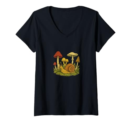 Damen Pilze und Schnecke skurrile Waldszene T-Shirt mit V-Ausschnitt Damen Pilze und Schnecke skurrile Waldszene T-Shirt mit V-Ausschnitt von Hidden Grove Wonders