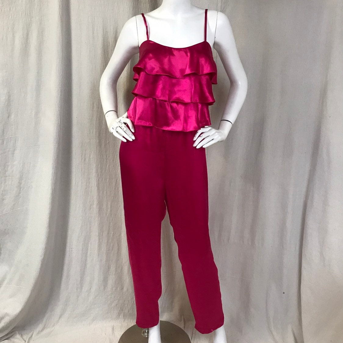 70S Satin Jumpsuit Teal Neckholder Disco // 1970S Türkis Damen Gr. 4 von HiddenRiverFindsCo