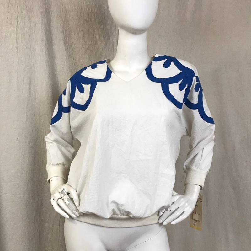Blaue Applikation Shirt 80Er Jahre Schulterpolster Pullover Langarm Damen Medium Vintage von HiddenRiverFindsCo