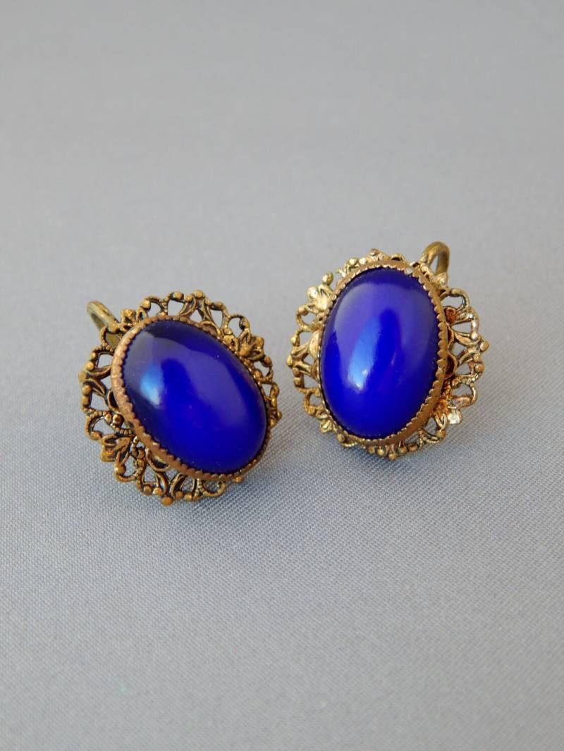Antik Goldene Messing Filigran Ohrringe, Cabochon Jugendstil Oval Ohrringe Antik Goldene Messing Filigran Ohrringe, Cabochon Jugendstil Oval Ohrringe von HiddenStairwayFinds