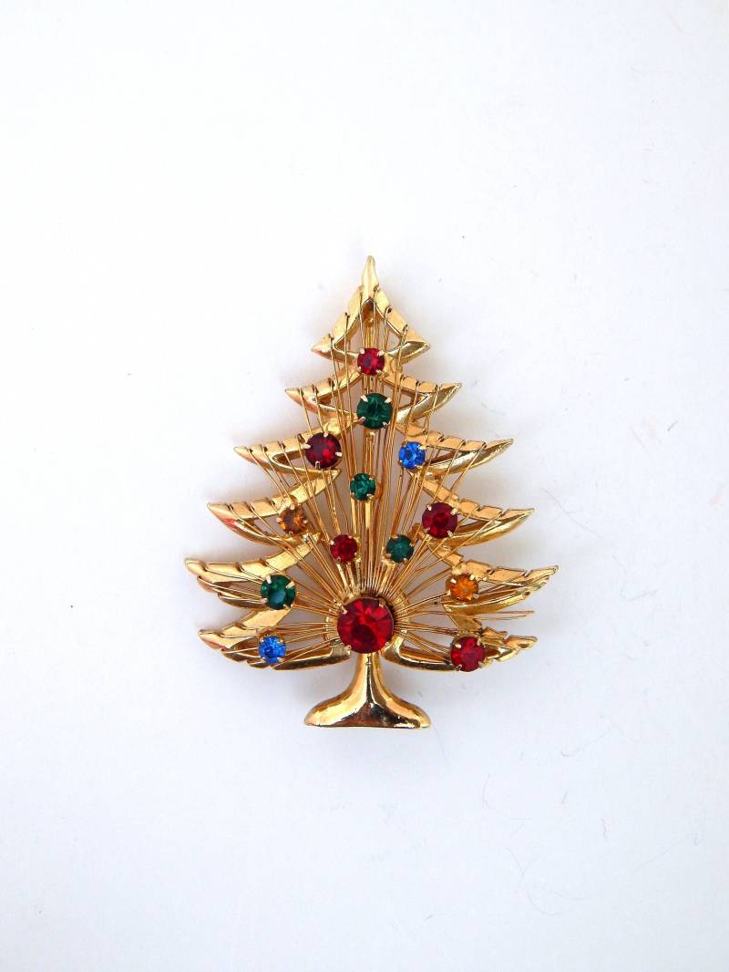 Brooks Weihnachtsbaum Pin, Harfe Strass Brosche Gold Ton Draht Multi-Color Strasssteine, Weihnachten Schmuck Geschenk Brooks Weihnachtsbaum Pin, Harfe Strass Brosche Gold Ton Draht Multi-Color Strasssteine, Weihnachten Schmuck Geschenk von HiddenStairwayFinds