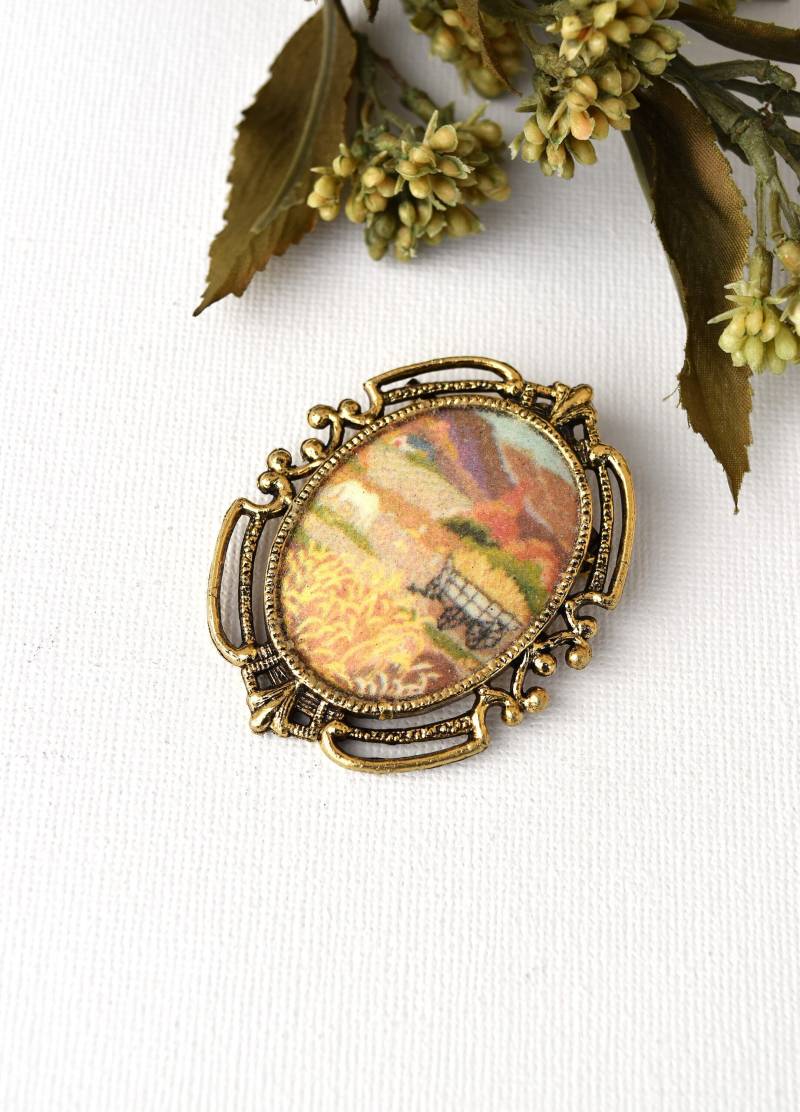 Land Herbst Pin Handbemalte Ovale Brosche Künstler Signiert, Mit Zucker Überzogene Oval Felder Weißes Pferd Ernte Boho von HiddenStairwayFinds