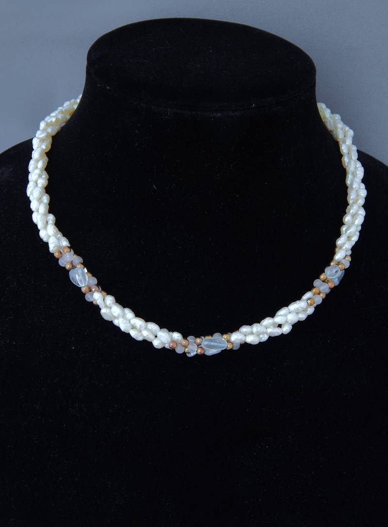 Reisperlenkette Multi-strand, Zuchtperle Torsade Halskette Mit Hellblauen Aquamarin & Rose Reisperlenkette Multi-strand, Zuchtperle Torsade Halskette Mit Hellblauen Aquamarin & Rose von HiddenStairwayFinds