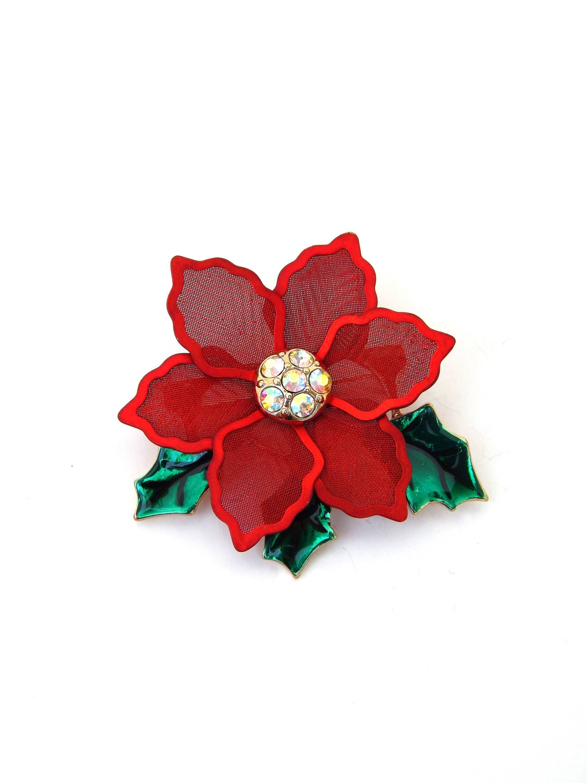Roter Weihnachtsstern Pin, Rote Netz Grüne Emaille Strass Pin Kim Rogers, Vintage Weihnachten von HiddenStairwayFinds