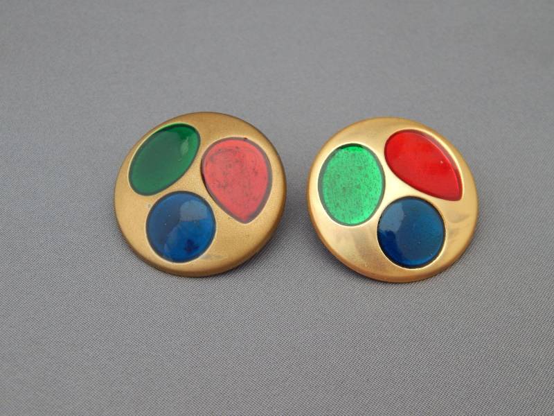 Runde Emaille Ohrclips, Ohrringe Rot Blau Grün Geometrisch Modern von HiddenStairwayFinds