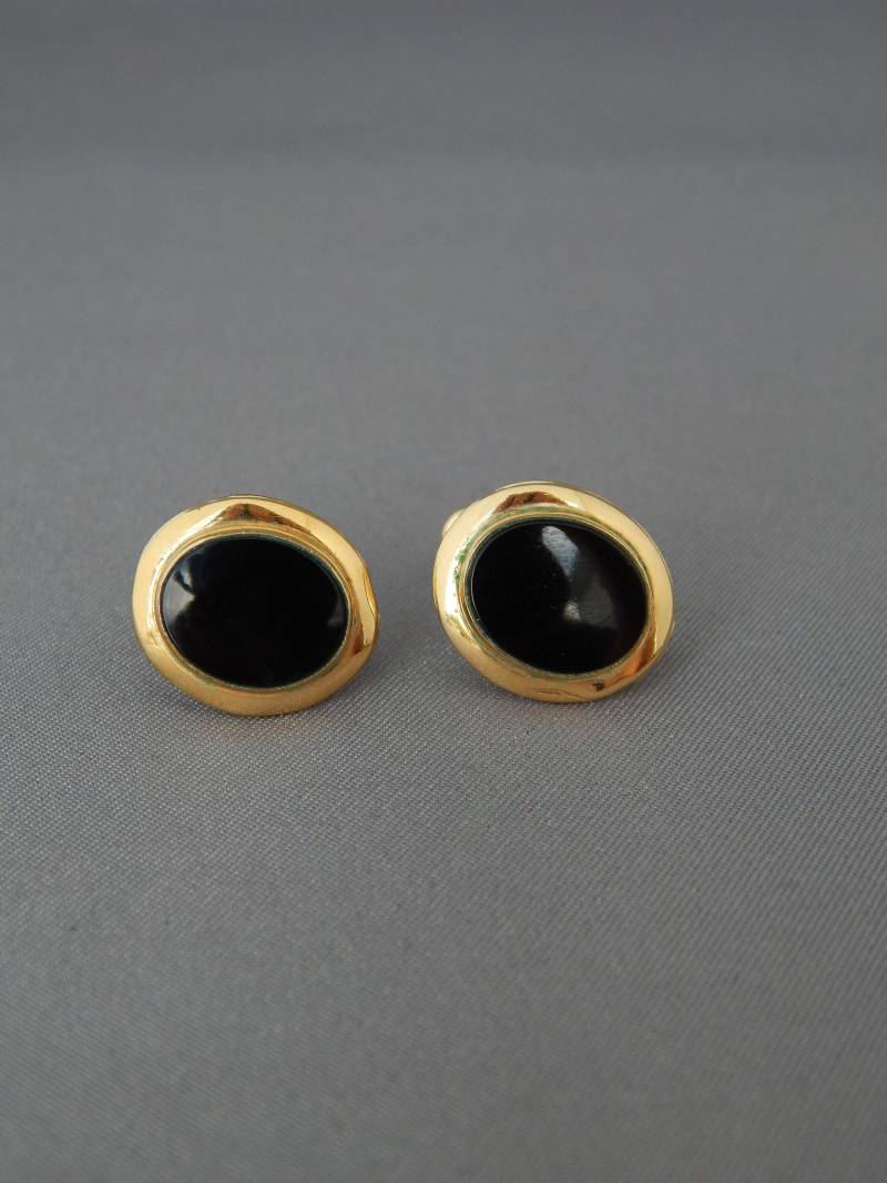 Schwarzer Onyx Ohrringe Ronci 12K Gold Filled, Elegante Schwarz Und Goldohrringe, Midcentury Schwarzer Onyx Ohrringe Ronci 12K Gold Filled, Elegante Schwarz Und Goldohrringe, Midcentury von HiddenStairwayFinds