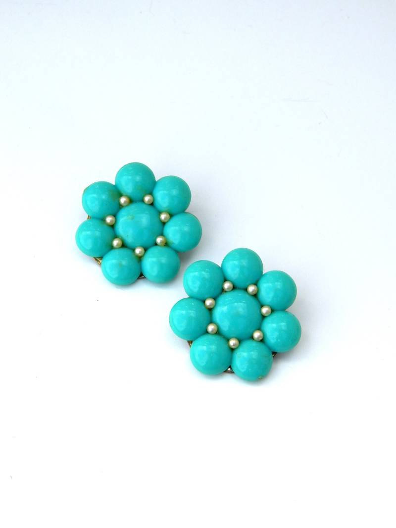 Türkis Blaue Ohrringe Blumen Ohrclips, Midcentury Türkis Blaue Ohrringe Blumen Ohrclips, Midcentury von HiddenStairwayFinds