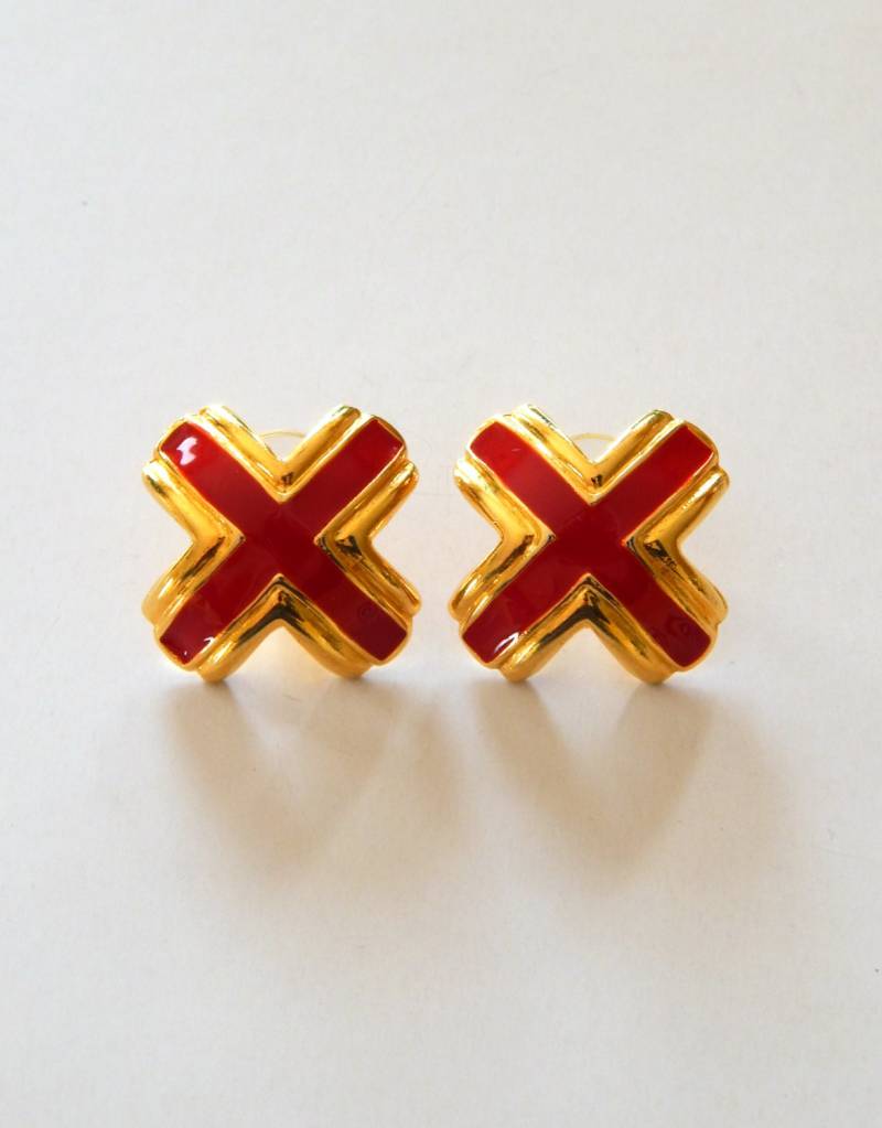 Vintage Rote Emaille X Ohrringe, Rot Und Gold Gebogenes Kreuz Rotgold Valentinstag Schmuck von HiddenStairwayFinds