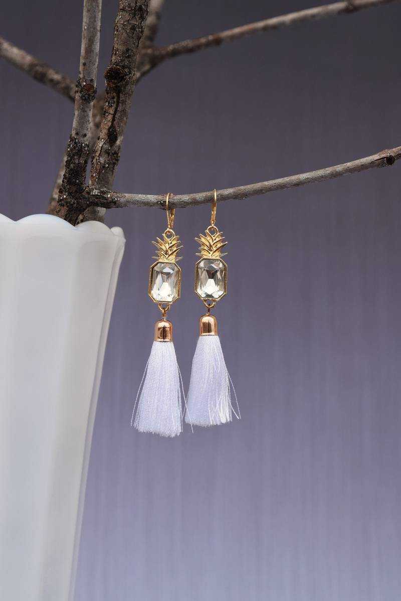 Weiße Quaste Ohrringe Kristall Ananas Vintage Style, Lange Ohrringe, Hochzeit Weiße Quaste Ohrringe Kristall Ananas Vintage Style, Lange Ohrringe, Hochzeit von HiddenStairwayFinds