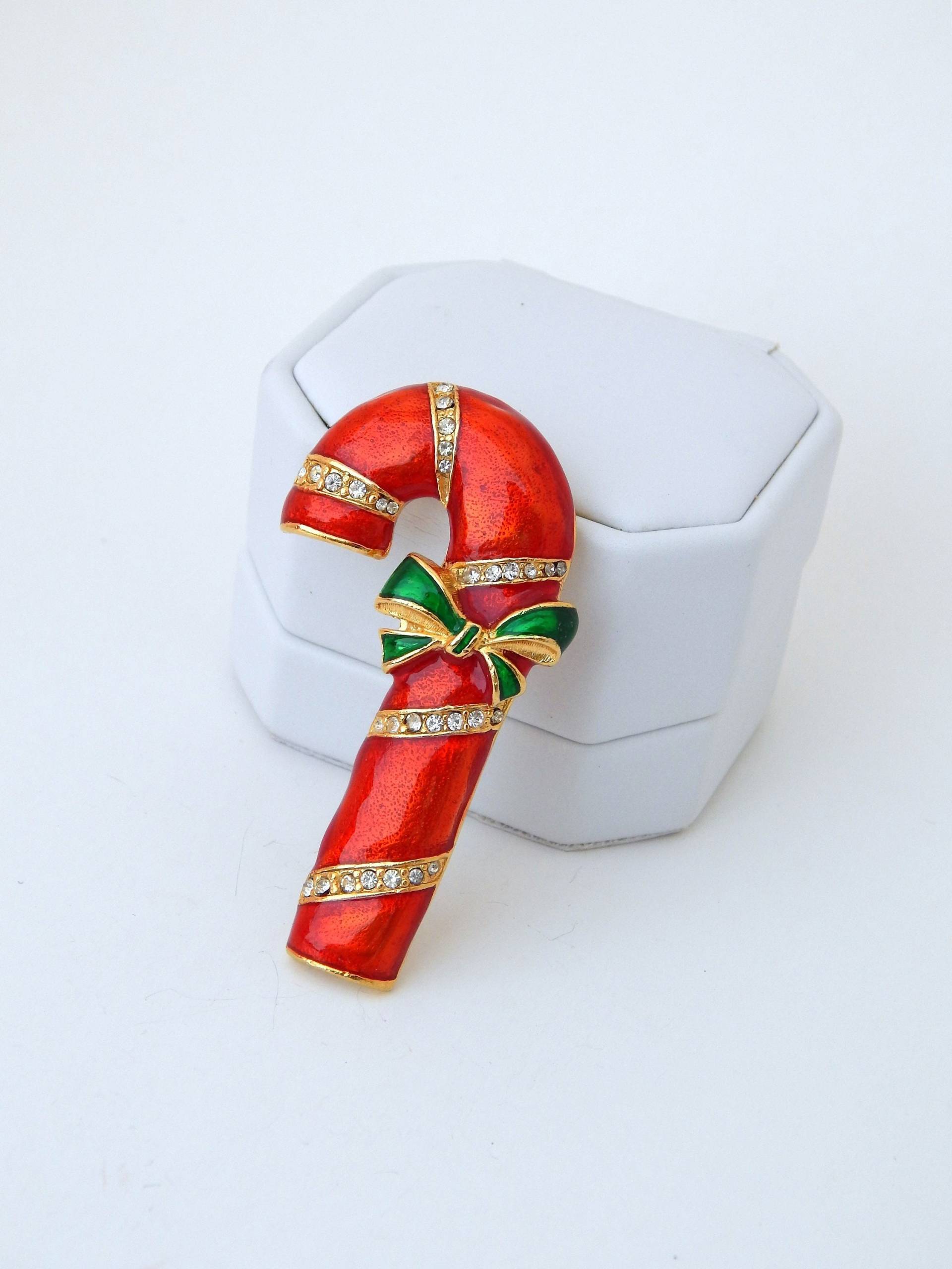 Zuckerstange Pin, Strass Emaille Großen Rot Grün Mit Schleife Weihnachten Pin Vintage von HiddenStairwayFinds