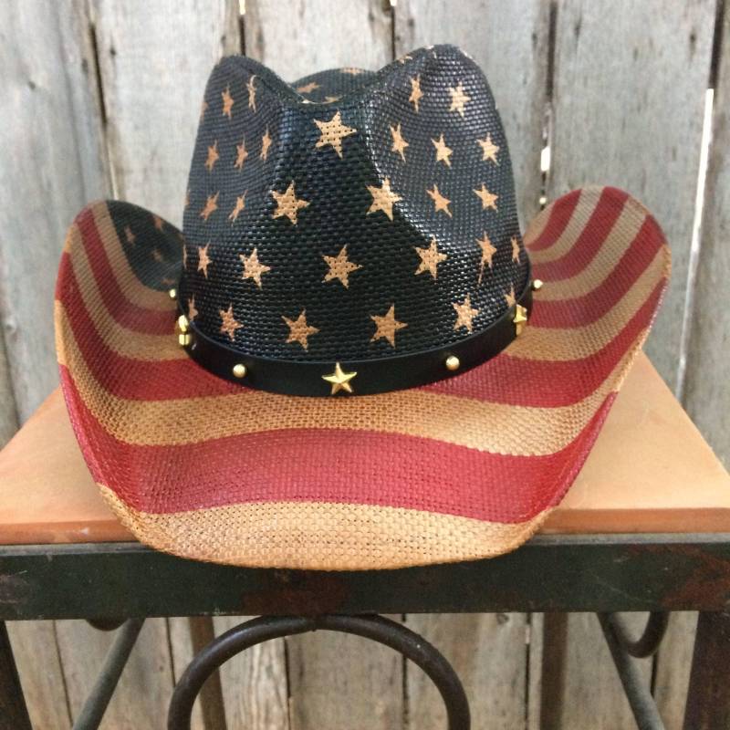 Rot, Weiß Und Blau Stars & Stripes Cowboy Hut Im Vintage Look. Monogrammiert Mit Usa Am Hinteren Rand Rot, Weiß Und Blau Stars & Stripes Cowboy Hut Im Vintage Look. Monogrammiert Mit Usa Am Hinteren Rand von Hidehideho