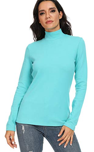 HieasyFit Damen Baumwolle Mock Rollkragen Langarm Basic Thermo Top, Türkis/Ausflug, einfarbig (Getaway Solids), Groß von HieasyFit