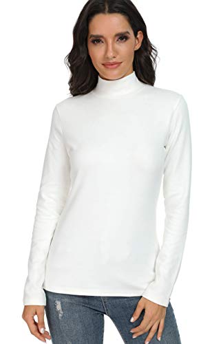 HieasyFit Damen Baumwolle Mock Rollkragen Langarm Basic Thermo Top, Weiß, Klein von HieasyFit