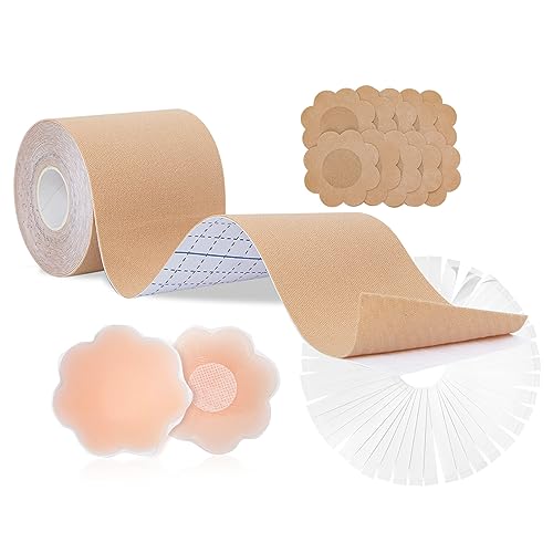 HieerBus Boob Tape Kit Bruststraffungsband, 3"*16.4ft, Körperband mit Brustwarzenabdeckungen, Kleidung und Körperband, Bob Tape für große Brüste A-G Cup Push Up & Form, beige von HieerBus