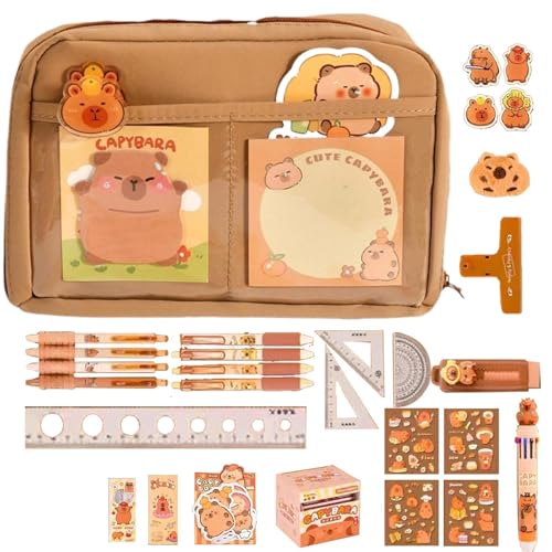 Hiemible Capybara Schreibwaren Set, Capybara Federmäppchen Mit Stiften, Capybara-Briefpapier-Set, Federmäppchen Mit Fächer Große Kapazität Mäppchen, Kawaiis Schulsachen Capybara Für Kinder Studenten von Hiemible