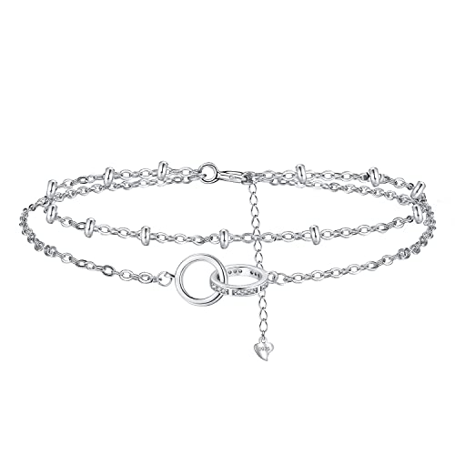 Hifeeled Doppelring Armband Damen 925 Sterling Silber Romantisch Armbänder Doppelkette mit Kugelperlen für Frauen Original Schmuck Geschenk Mutter Ehefrau Freundin Verstellbarer [16+4cm] von Hifeeled