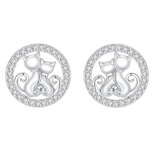 Hifeeled Katze Ohrringe Damen 925 Sterling Silber Mutter und Tochter Ohrstecker mit Herz Zirkonia für Frauen Original Schmuck Geschenk Mutter Ehefrau Freundin von Hifeeled