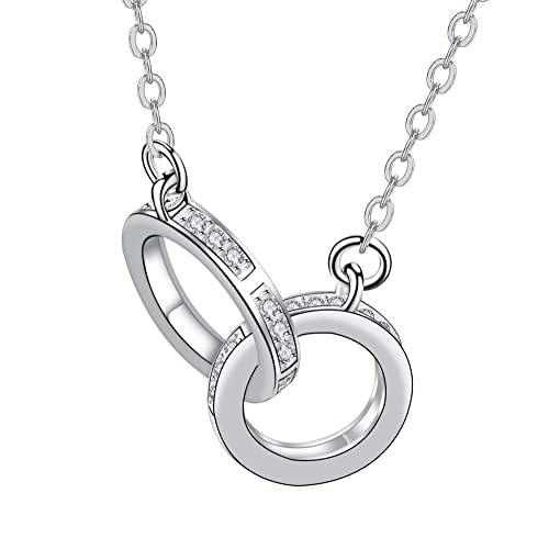 Hifeeled Doppel Ring Kette Damen Halskette 925 Sterling Silber Anhänger mit Zirkonia |45cm+5| Hypoallergen Verstellbar Ketten für Frauen Schmuck Geschenk von Hifeeled
