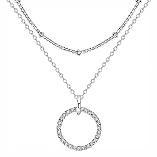 Hifeeled Kreis Anhänger Kette Sterling Silber 925 Damen Runde Halskette mit Doppelte Ketten Hypoallergen |45cm+5| Original für Frauen Schmuck Geschenk von Hifeeled