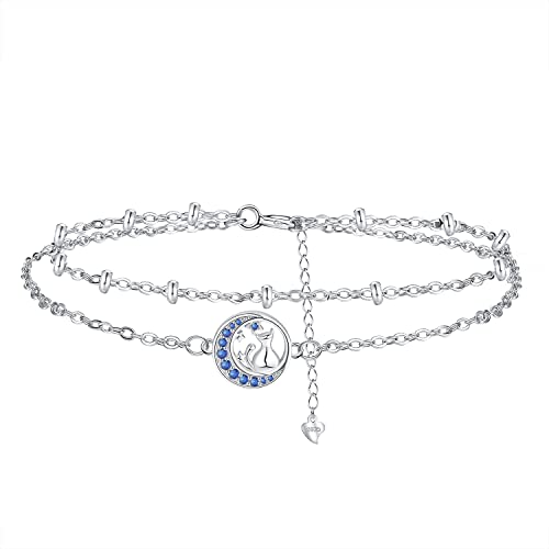 Hifeeled Mond Katze Armband Damen 925 Sterling Silber Doppelkette mit Kugelperlen Katzenliebhaber Armbänder für Frauen Original Schmuck Geschenk Verstellbarer [16+4cm] von Hifeeled