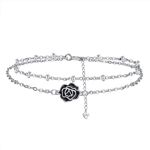 Hifeeled Rosen Armband Damen 925 Sterling Silber Doppelkette mit Kugelperlen Romantisch Armbänder für Frauen Original Schmuck Geschenk Mutter Ehefrau Freundin Verstellbarer [16+4cm] von Hifeeled