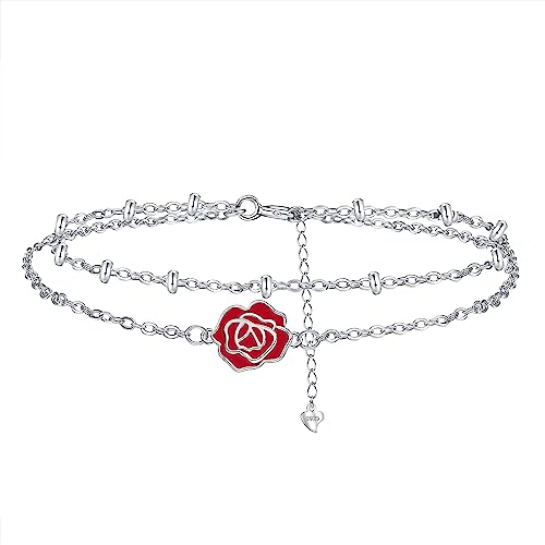 Hifeeled Rosen Armband Damen 925 Sterling Silber Doppelkette mit Kugelperlen Romantisch Armbänder für Frauen Original Schmuck Geschenk Mutter Ehefrau Freundin Verstellbarer [16+4cm] von Hifeeled