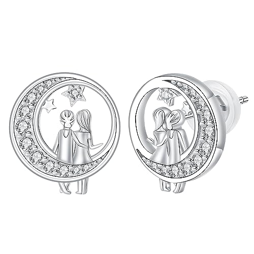 Hifeeled Schwester Ohrringe Damen 925 Sterling Silber Mutter und Tochter Ohrstecker Mond mit Zirkonia für Frauen Original Schmuck Geschenk Mädchen Mutter Ehefrau Freundin von Hifeeled