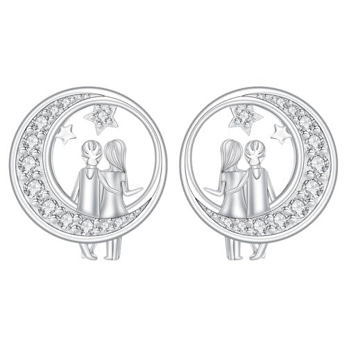 Hifeeled Schwester Ohrringe Damen 925 Sterling Silber Mutter und Tochter Ohrstecker Mond mit Zirkonia für Frauen Original Schmuck Geschenk Mutter Ehefrau Freundin von Hifeeled