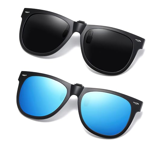2 Stück Sonnenbrillen Clip für Brille, Polarisierte Sonnenclips Blendschutz UV400 Flip-up Sonnenbrille Linse passen über Korrekturbrillen für Damen Herren von Hifot