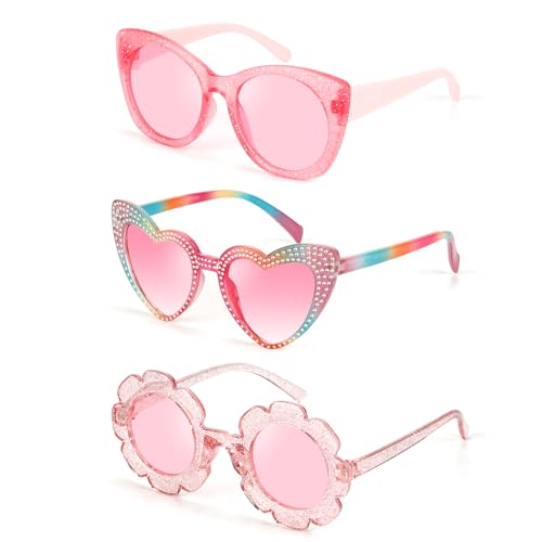 3 Stück Pinke Sonnenbrille Mädchen, Süße Rosa Herz Sonnenbrille Blumen Sonnenbrillen Katzenaugen Sonnenbrillen Set, Sonnenbrille Kinder 3-8 Jahren, Rosa Party Sonnenbrille Party Zubehör Geschenk von Hifot