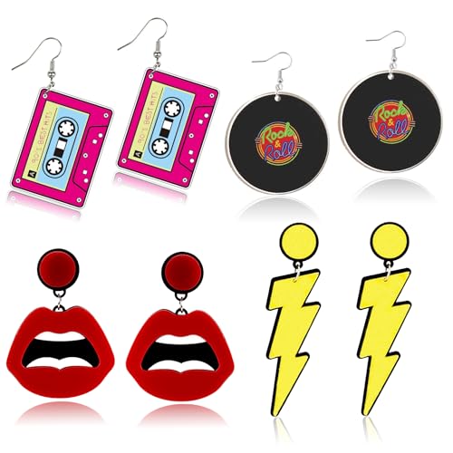 4 Paar Vintage Neon Ohrringe Damen, Acryl Kassetten Blitz Lippen Hängeohrringe Retro Ohrringe Fasching für 70er 80er 90er Jahre Accessoires Lustige Earring Karneval Party von Hifot