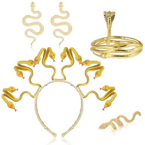 4 Stück Medusa Kostüm Damen Medusa Kopfschmuck Schlangen Haarreif Medusa Schmuck Gold Schlangen Ohrringe Halskette Ring Halloween Kostüm Schlangen Accessoires für Karneval Maskerade Party Cosplay von Hifot