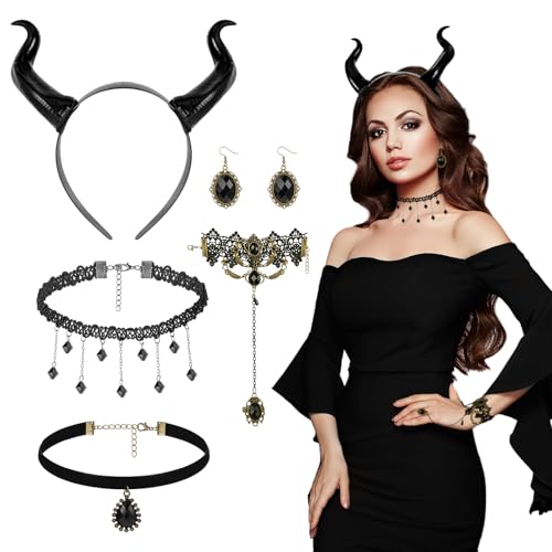 5 Stücke Halloween Hörner Kopfschmuck Maleficent Kostüm Damen Schwarze Teufelshörner Königin Hörner Haarreif Gothic Halskette Spitze Ring Armband Kristall Ohrringe Teufel Kostüm für Karneval Cosplay von Hifot