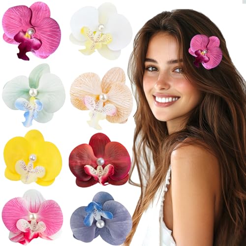 8 Stücke Bunte Haarspangen Damen, Hawaii Blumen Haarklammer Mädchen, Phalaenopsis Perle Haarclips Blumen Haarschmuck für Frauen Party Haarstyling Haarnadeln Hochzeit Rosa Gelb Gold Rot Weiß Lila Grün von Hifot
