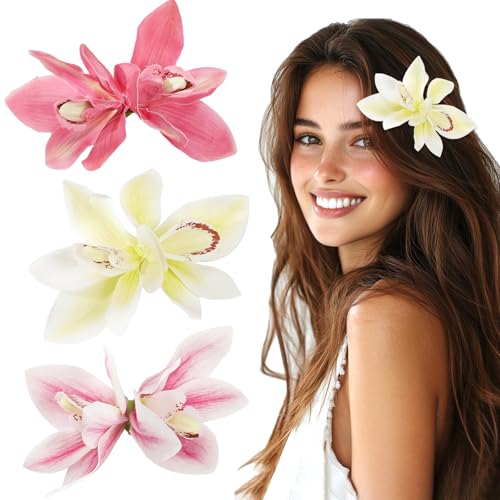 Bunte Haarspangen Damen, Hawaii Blumen Haarklammer Mädchen, Doppelte Cymbidie Haarclips Blumen Haarschmuck für Frauen Party Haarstyling Haarnadeln Hochzeit 3 Stücke Rosa Weiß Cyan Haarklammer von Hifot